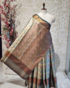 Banarasi Tissue Saree Copper & Silver Border with Floral Tissue Pallu