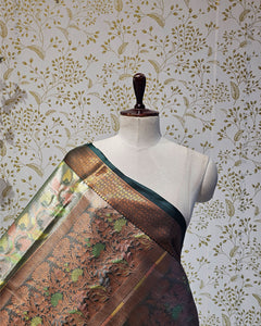Banarasi Tissue Saree Copper & Silver Border with Floral Tissue Pallu