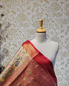Banarasi Tissue Saree Copper & Silver Border with Floral Tissue Pallu