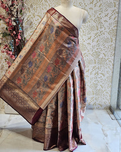Banarasi Tissue Saree Bronze Zari Border with Floral Design & Tissue Pallu