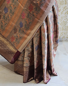 Banarasi Tissue Saree Bronze Zari Border with Floral Design & Tissue Pallu