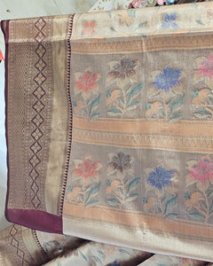 Banarasi Tissue Saree Bronze Zari Border with Floral Design & Tissue Pallu