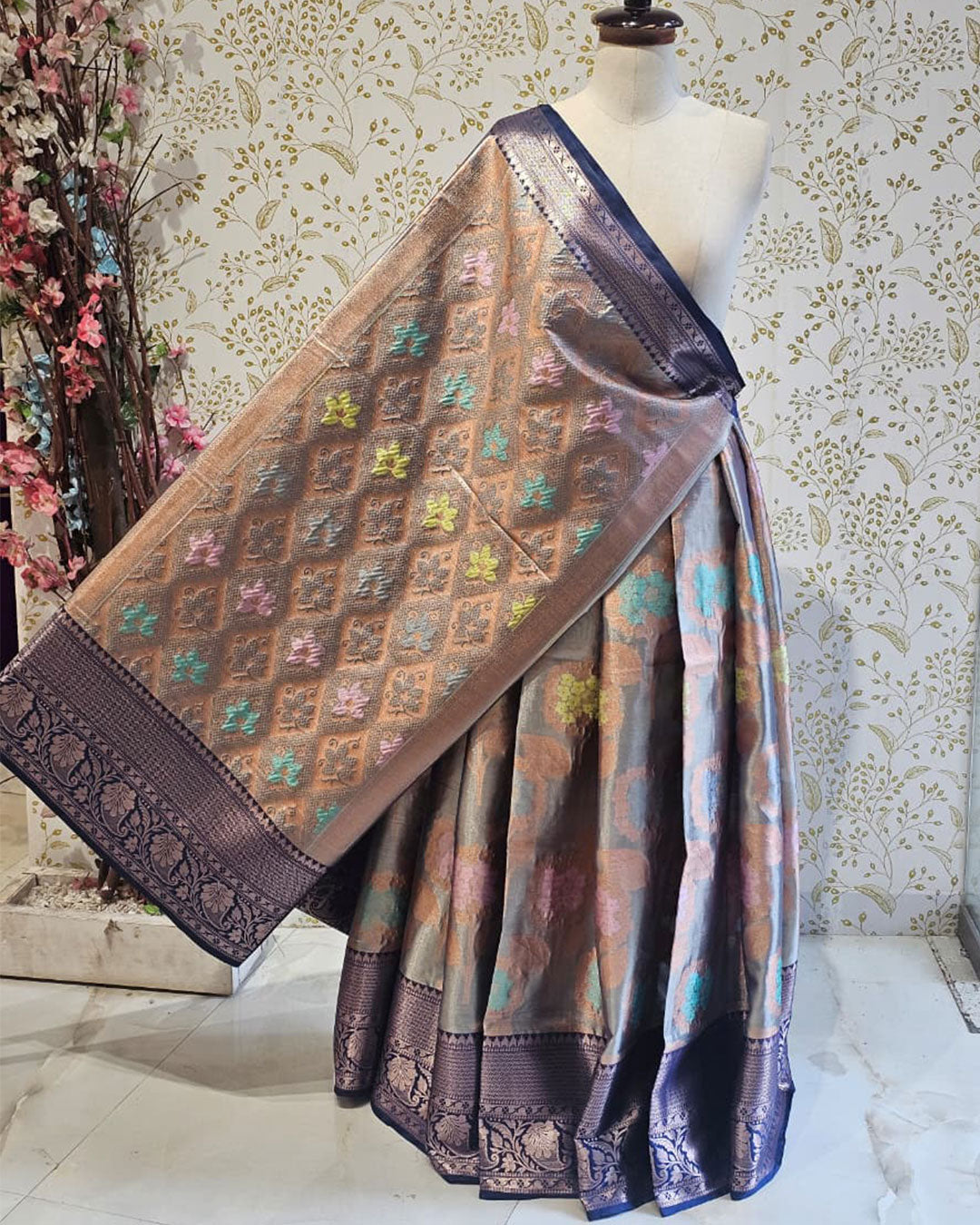 Banarasi Tissue Saree Marine Blue Border with Floral & Checks Design, Brocade Pallu