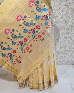 Cotton Paithani Saree Pure Cotton with Narali Border & Peacock Double Pallu