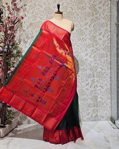 Kadiyal Paithani Saree Soft Silk with Single Line Border & Tissue Peacock Pallu