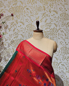 Kadiyal Paithani Saree Soft Silk with Single Line Border & Tissue Peacock Pallu