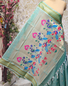 Cotton Paithani Saree Pure Cotton with Narali Border & Peacock Double Pallu