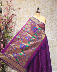 Cotton Paithani Saree Pure Cotton with Narali Border & Peacock Single Pallu
