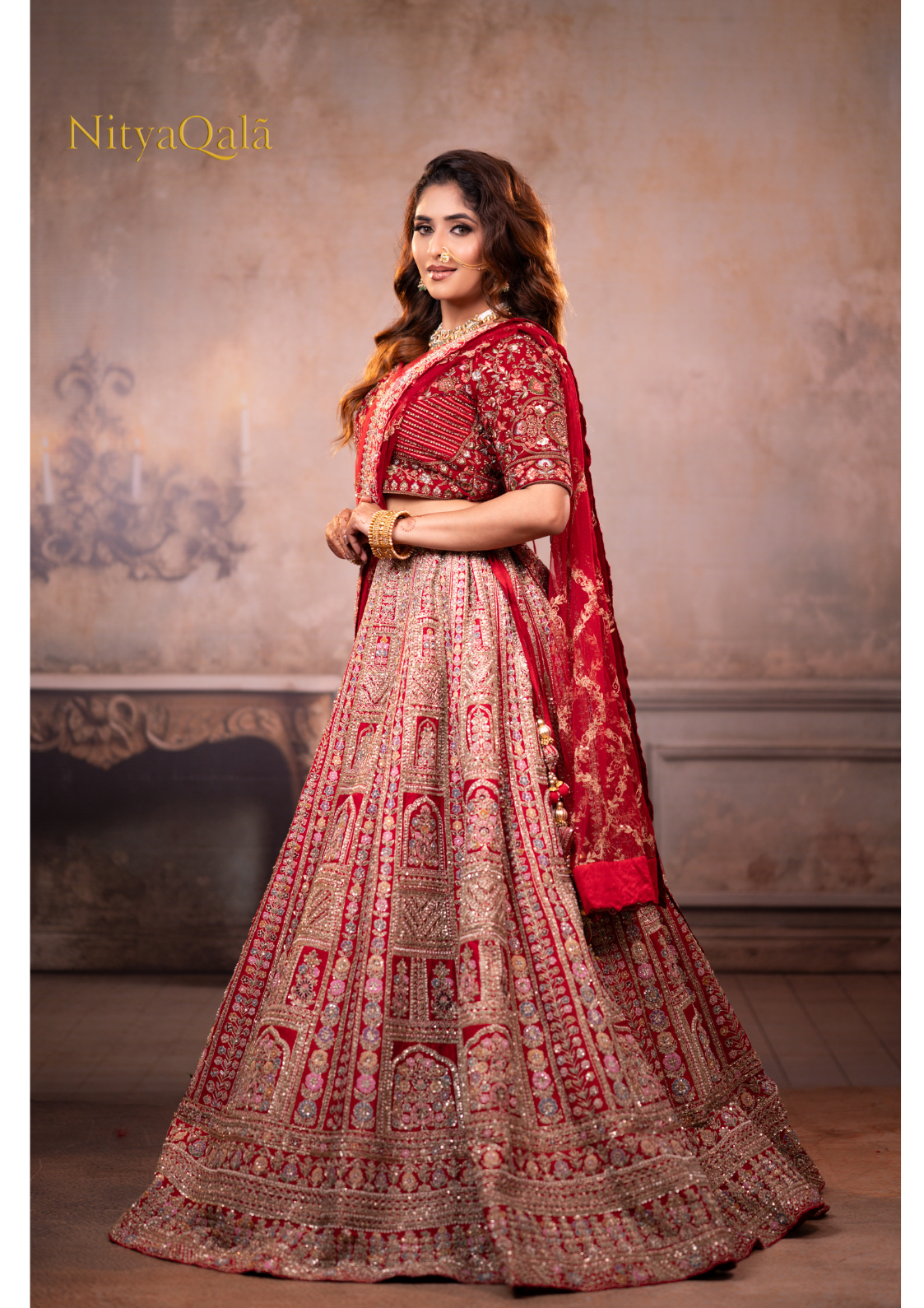 Raw Silk Floral Kali Style Bridal Lehenga with Hand Embroidery
