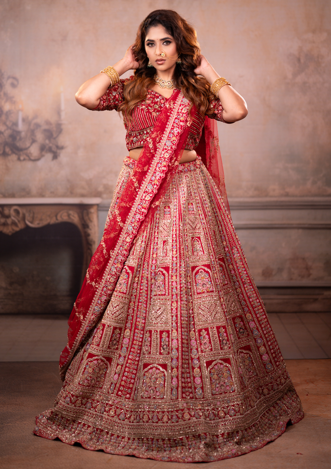 Raw Silk Floral Kali Style Bridal Lehenga with Hand Embroidery