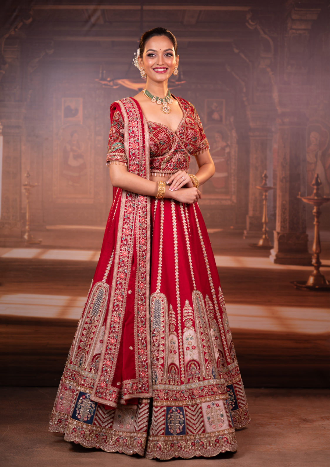 Raw Silk Rajwadi Kali Style Bridal Lehenga | Hand Embroidered