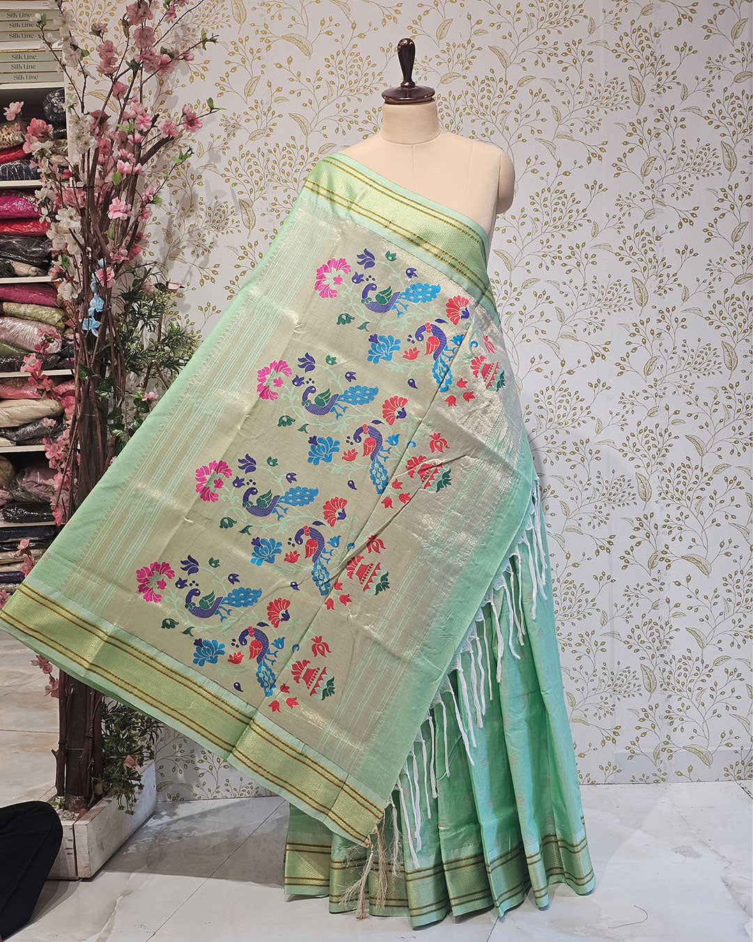 Cotton Paithani Saree  Pure Cotton with Narali Border & Peacock Double Pallu