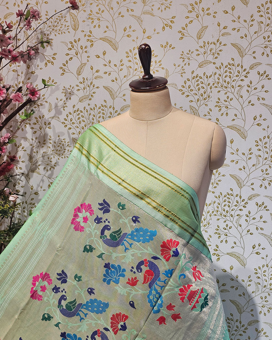 Cotton Paithani Saree  Pure Cotton with Narali Border & Peacock Double Pallu