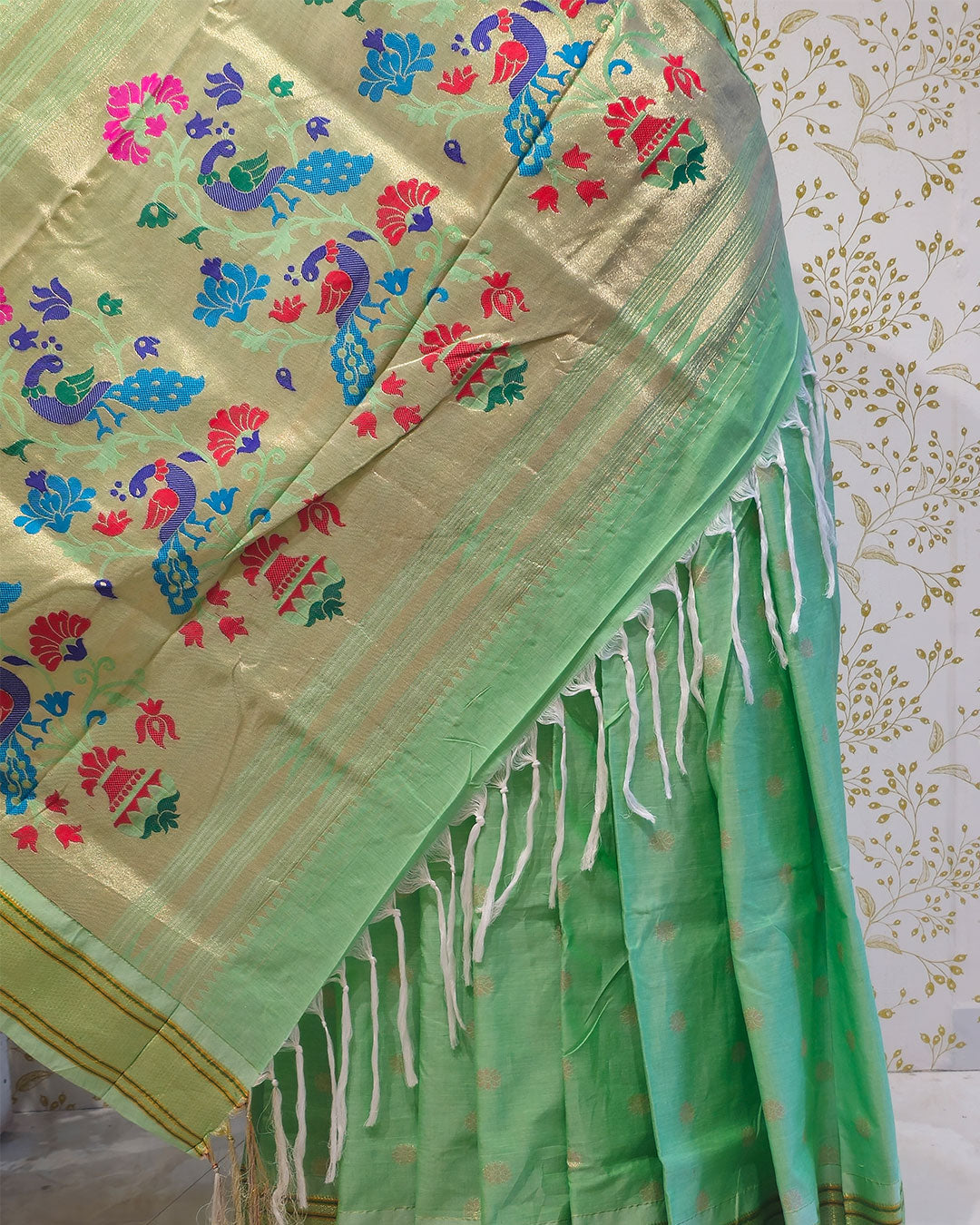 Cotton Paithani Saree  Pure Cotton with Narali Border & Peacock Double Pallu