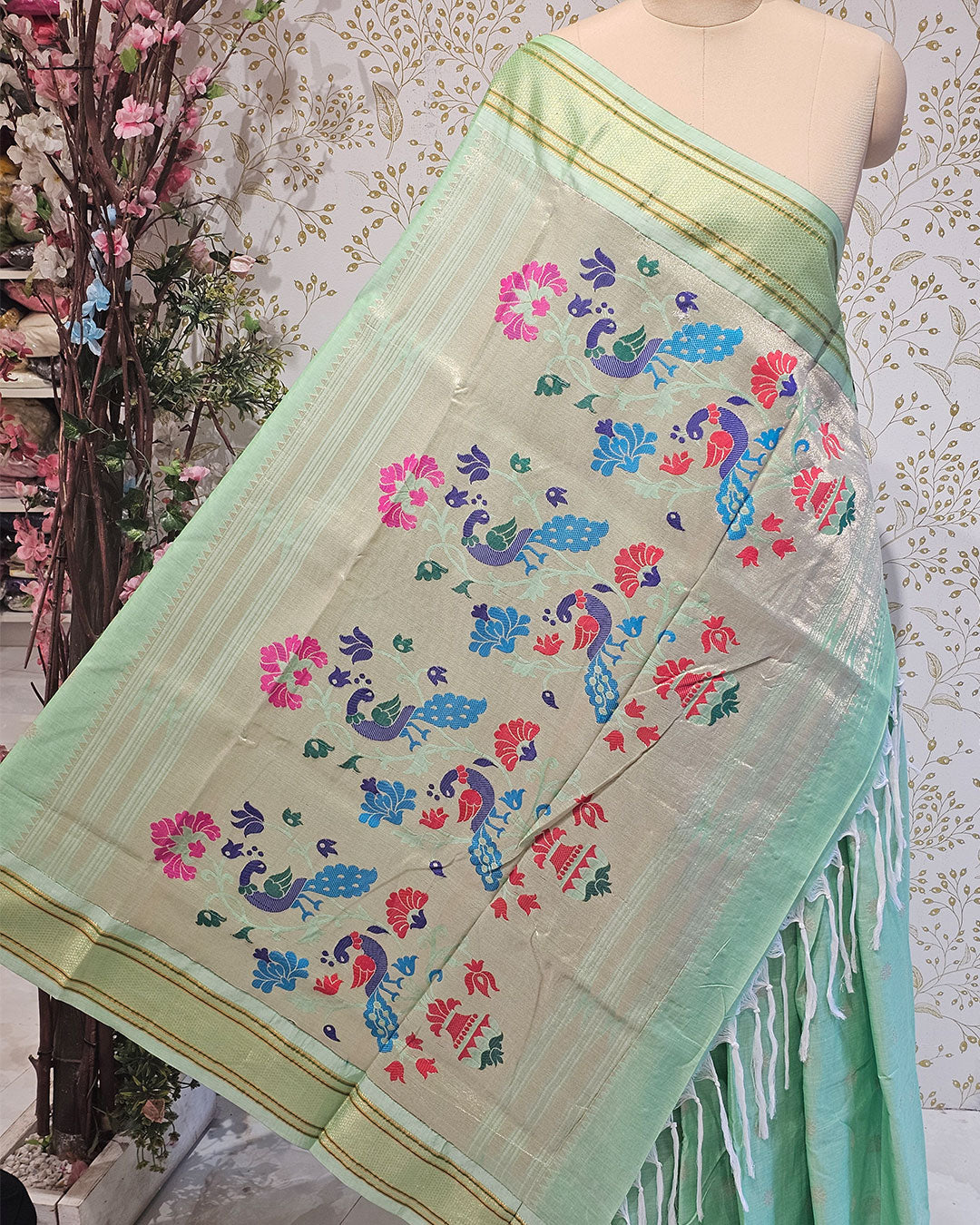 Cotton Paithani Saree  Pure Cotton with Narali Border & Peacock Double Pallu