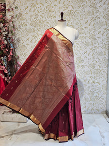 Silk Kanjivaram Saree  Light Gold Jari Butti Pattern with Karvati Border & Brocade Pallu