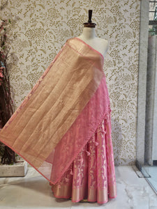 Banarasi Tissue Organza Saree  Minimalistic Floral Motifs & Soft Gold Zari Border