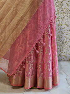 Banarasi Tissue Organza Saree  Minimalistic Floral Motifs & Soft Gold Zari Border