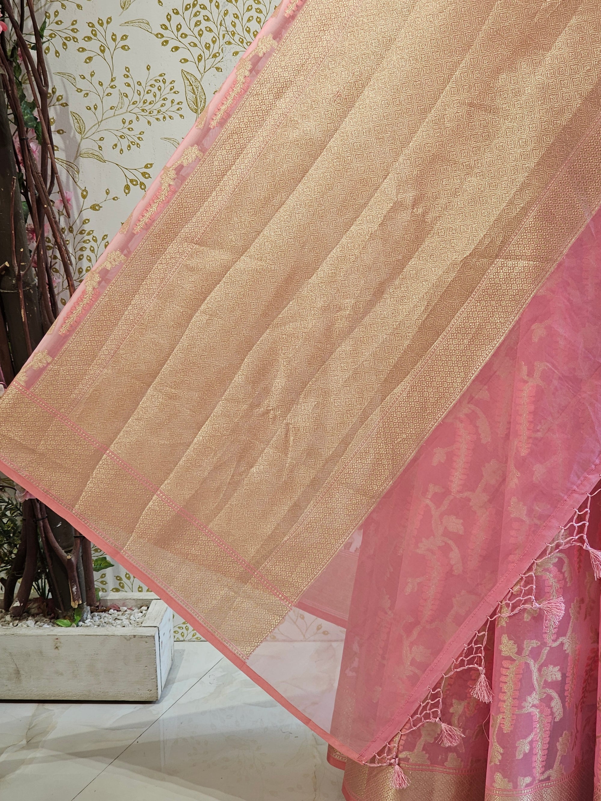 Banarasi Tissue Organza Saree  Minimalistic Floral Motifs & Soft Gold Zari Border