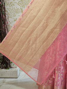 Banarasi Tissue Organza Saree  Minimalistic Floral Motifs & Soft Gold Zari Border