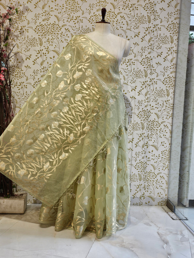 Banarasi Tissue Organza Saree  All-Over Zari Jaal with Minimal Border & Floral Pallu