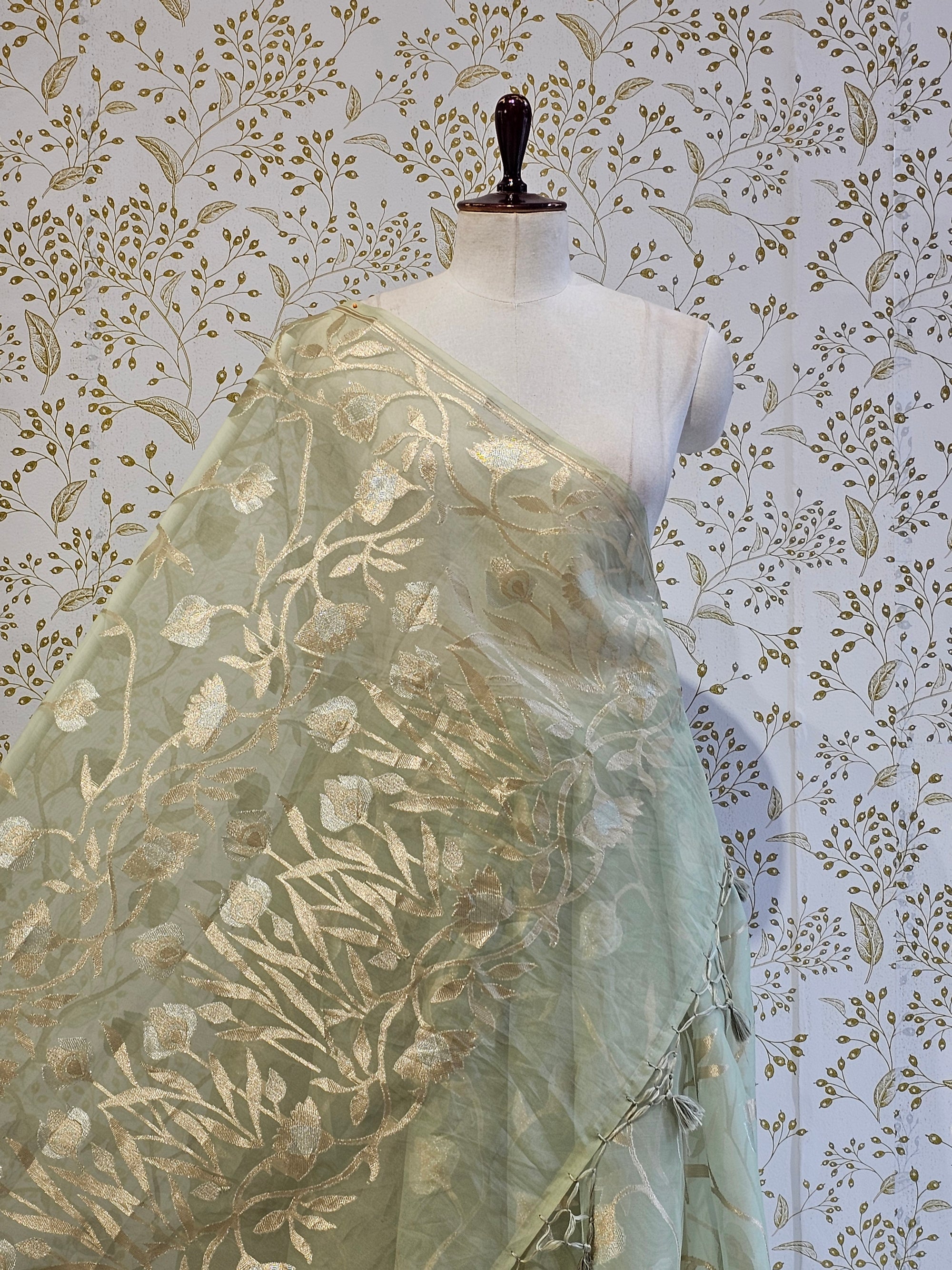 Banarasi Tissue Organza Saree  All-Over Zari Jaal with Minimal Border & Floral Pallu