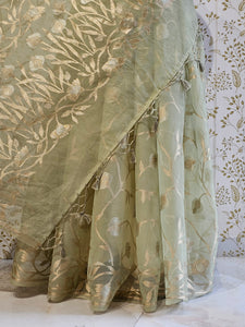 Banarasi Tissue Organza Saree  All-Over Zari Jaal with Minimal Border & Floral Pallu