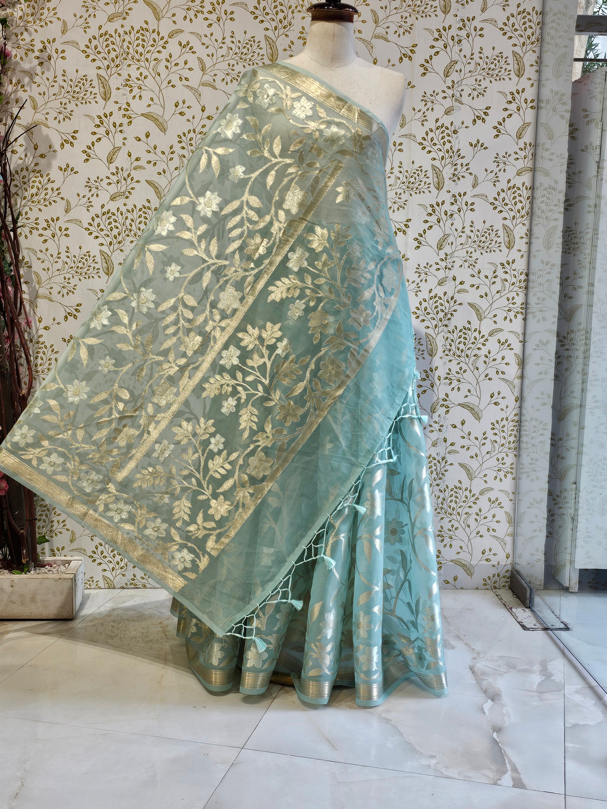 Banarasi Tissue Organza Saree  All-Over Zari Jaal with Minimal Border & Floral Pallu