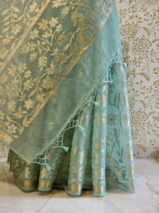 Banarasi Tissue Organza Saree  All-Over Zari Jaal with Minimal Border & Floral Pallu