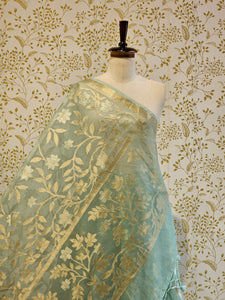 Banarasi Tissue Organza Saree  All-Over Zari Jaal with Minimal Border & Floral Pallu