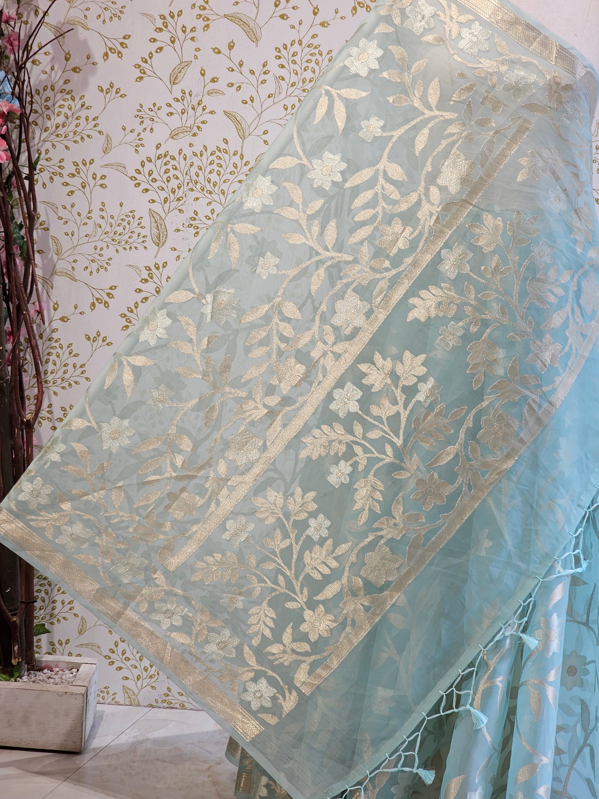 Banarasi Tissue Organza Saree  All-Over Zari Jaal with Minimal Border & Floral Pallu