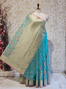 Banarasi Tissue Organza Saree  Minimalistic Floral Motifs & Soft Gold Zari Border