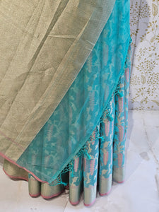Banarasi Tissue Organza Saree  Minimalistic Floral Motifs & Soft Gold Zari Border