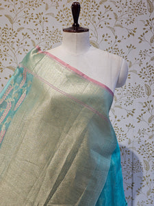 Banarasi Tissue Organza Saree  Minimalistic Floral Motifs & Soft Gold Zari Border