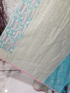 Banarasi Tissue Organza Saree  Minimalistic Floral Motifs & Soft Gold Zari Border