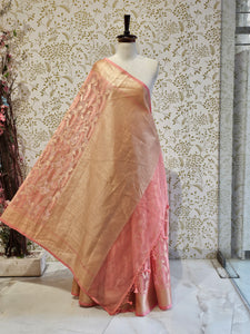 Banarasi Tissue Organza Saree  Minimalistic Floral Motifs & Soft Gold Zari Border