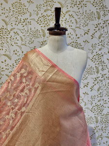 Banarasi Tissue Organza Saree  Minimalistic Floral Motifs & Soft Gold Zari Border