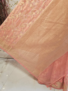 Banarasi Tissue Organza Saree  Minimalistic Floral Motifs & Soft Gold Zari Border