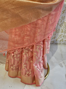Banarasi Tissue Organza Saree  Minimalistic Floral Motifs & Soft Gold Zari Border