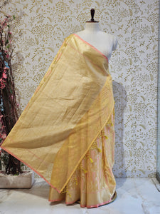 Banarasi Tissue Organza Saree  Minimalistic Floral Motifs & Soft Gold Zari Border