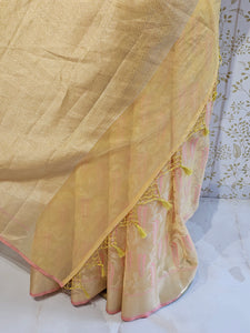 Banarasi Tissue Organza Saree  Minimalistic Floral Motifs & Soft Gold Zari Border