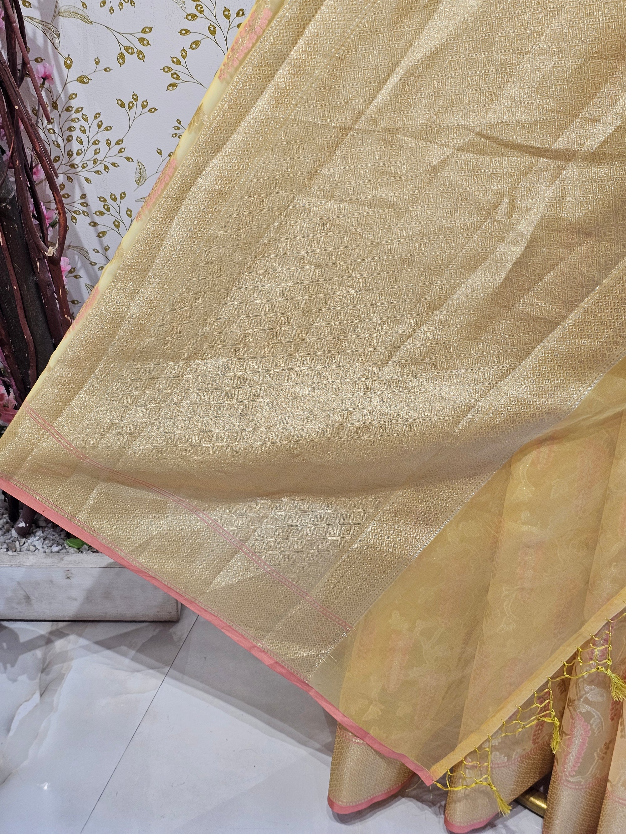Banarasi Tissue Organza Saree  Minimalistic Floral Motifs & Soft Gold Zari Border