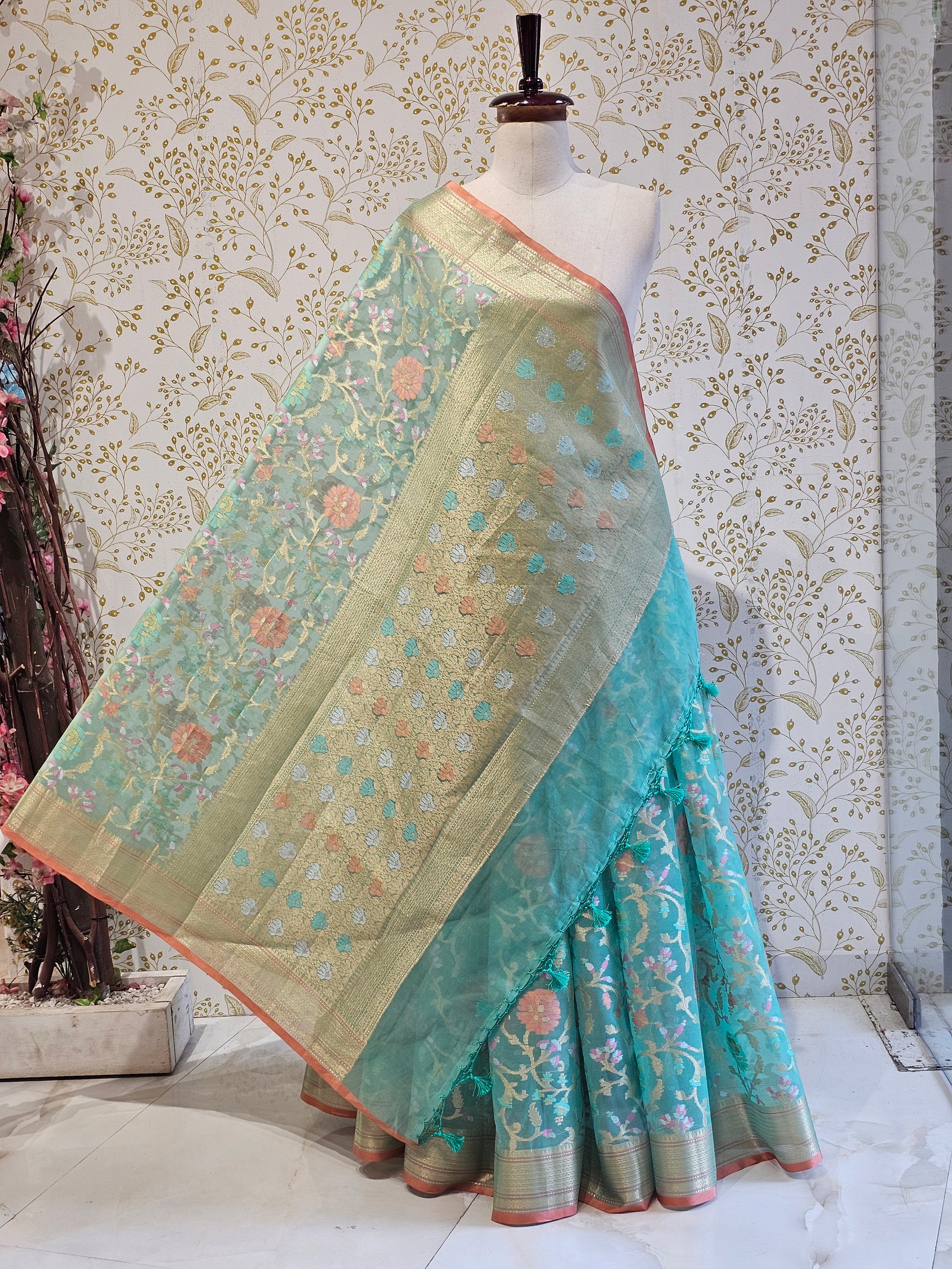 Banarasi Tissue Organza Saree Floral Resham & Zari Jaal with Meenakari Detailing