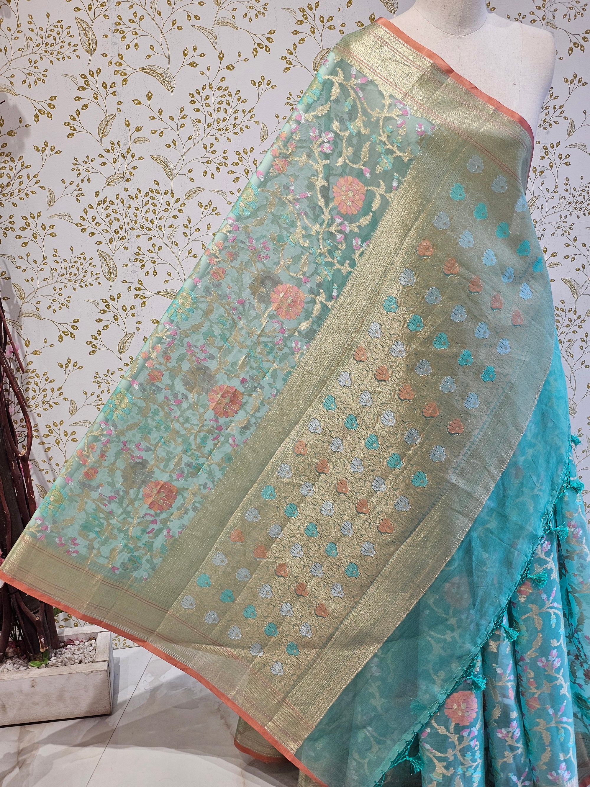 Banarasi Tissue Organza Saree Floral Resham & Zari Jaal with Meenakari Detailing