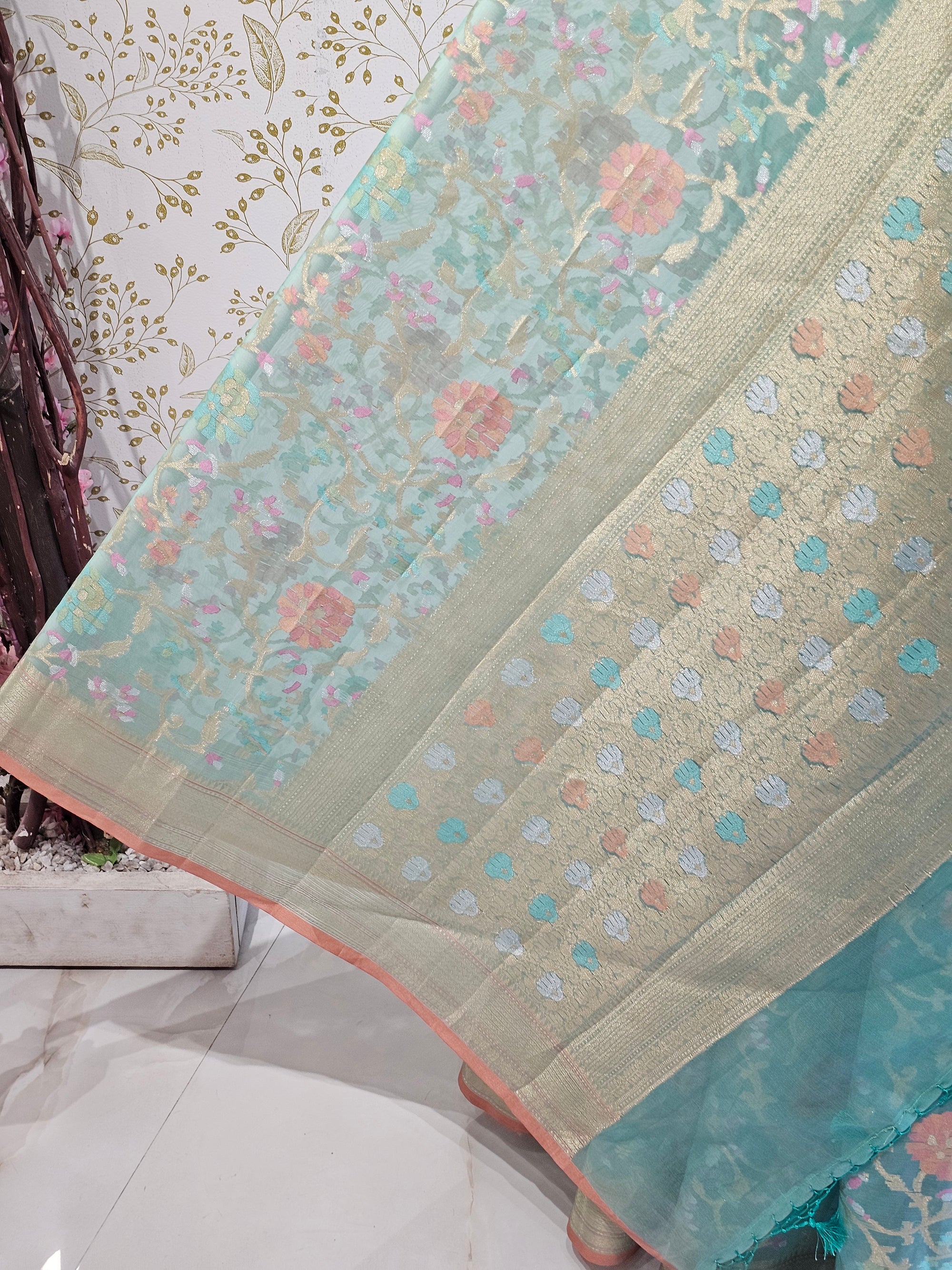 Banarasi Tissue Organza Saree Floral Resham & Zari Jaal with Meenakari Detailing