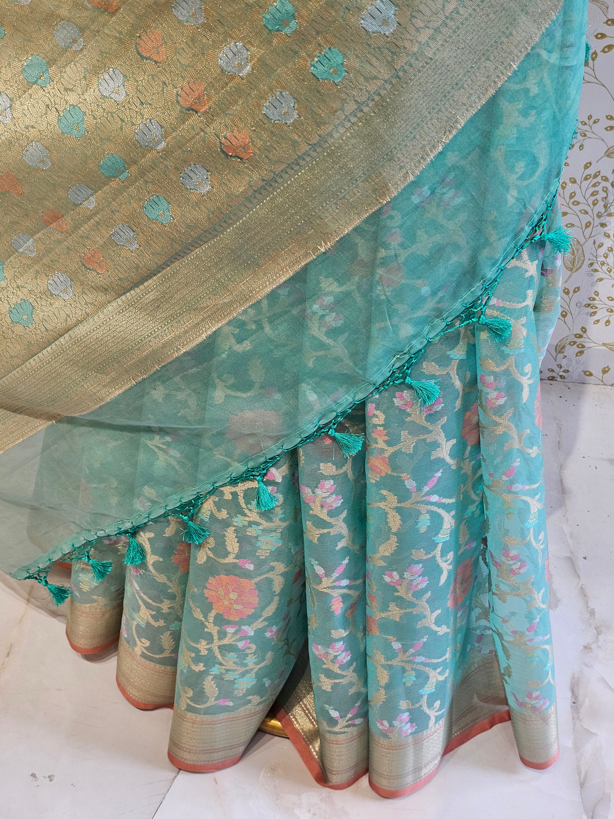 Banarasi Tissue Organza Saree Floral Resham & Zari Jaal with Meenakari Detailing