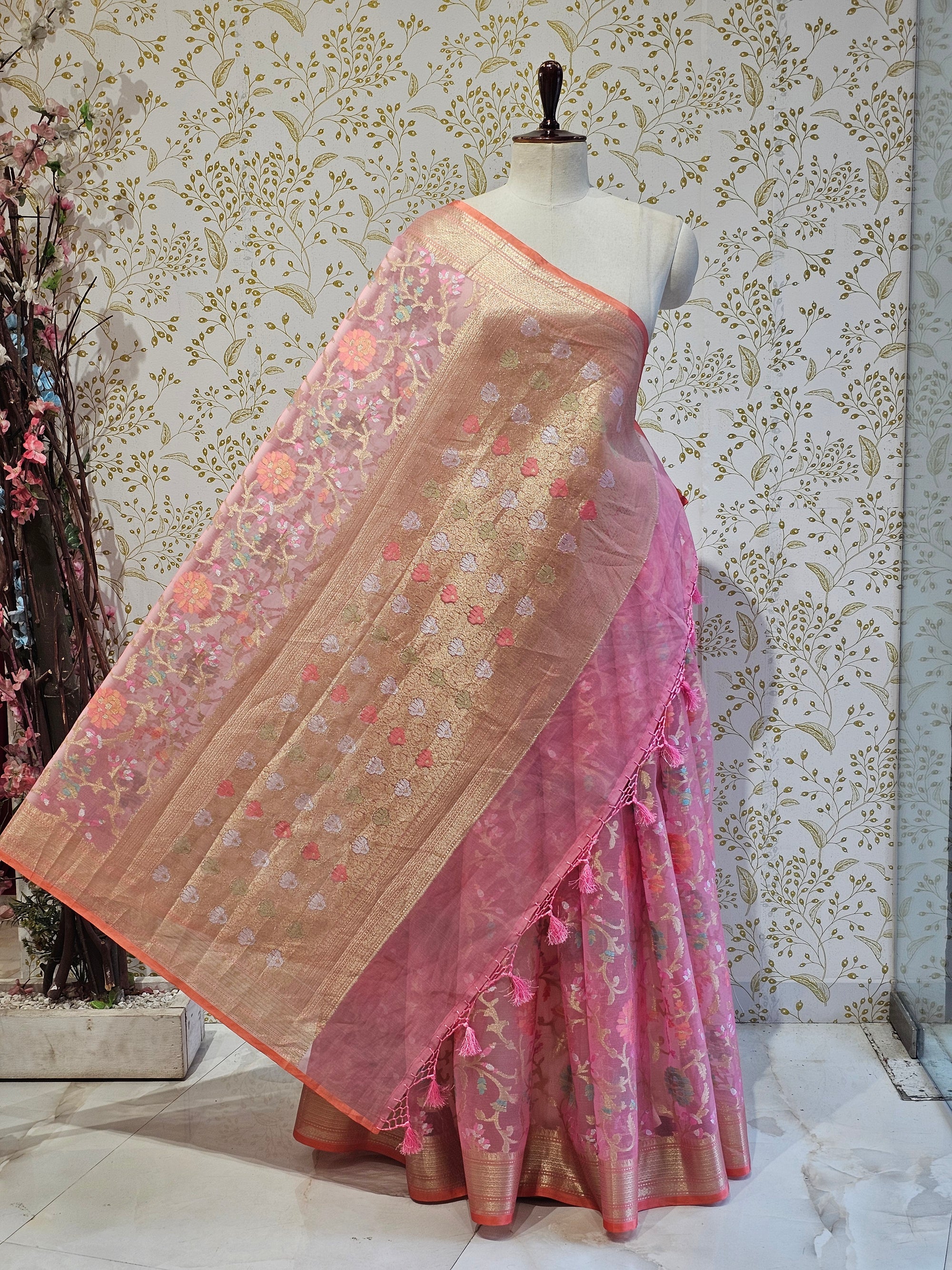Banarasi Tissue Organza Saree Floral Resham & Zari Jaal with Meenakari Detailing