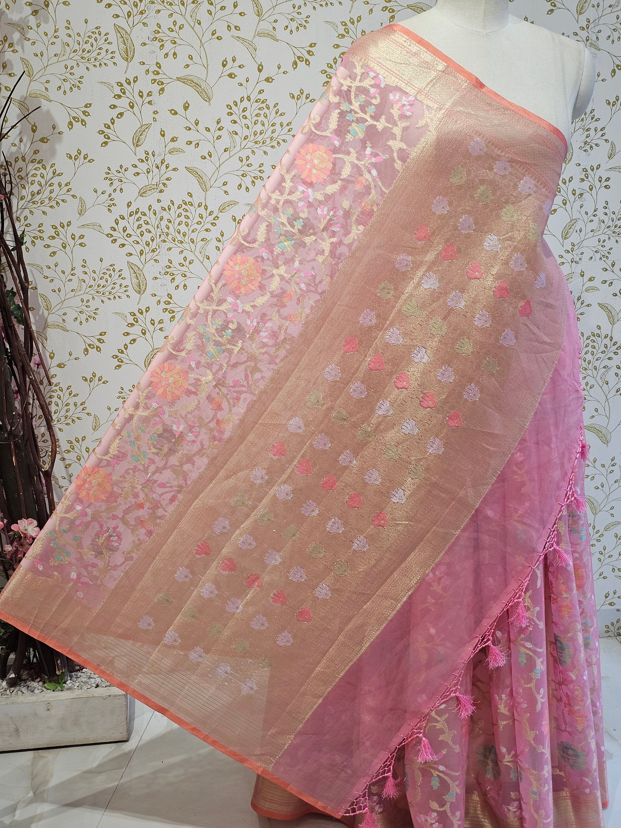 Banarasi Tissue Organza Saree Floral Resham & Zari Jaal with Meenakari Detailing