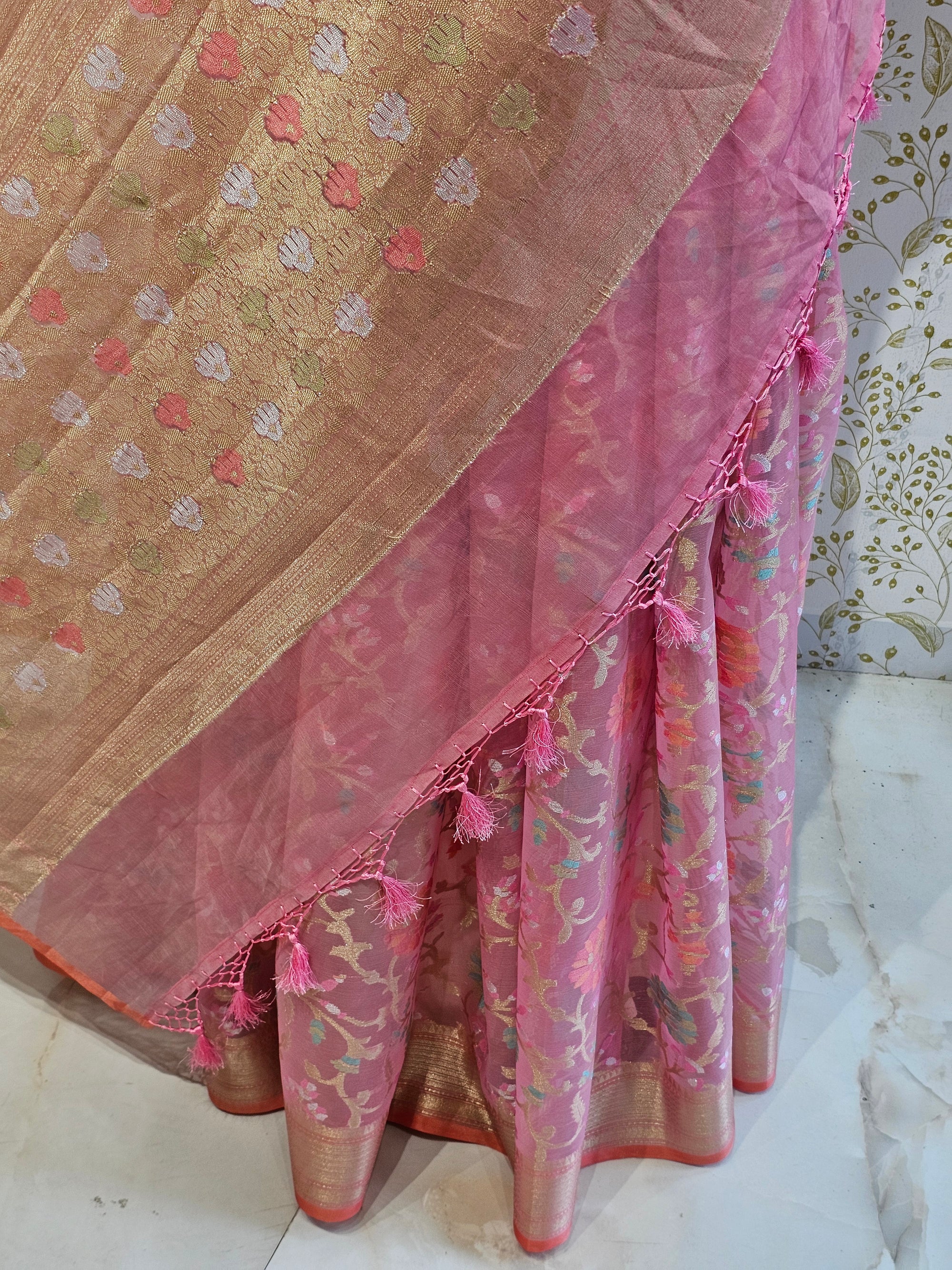 Banarasi Tissue Organza Saree Floral Resham & Zari Jaal with Meenakari Detailing
