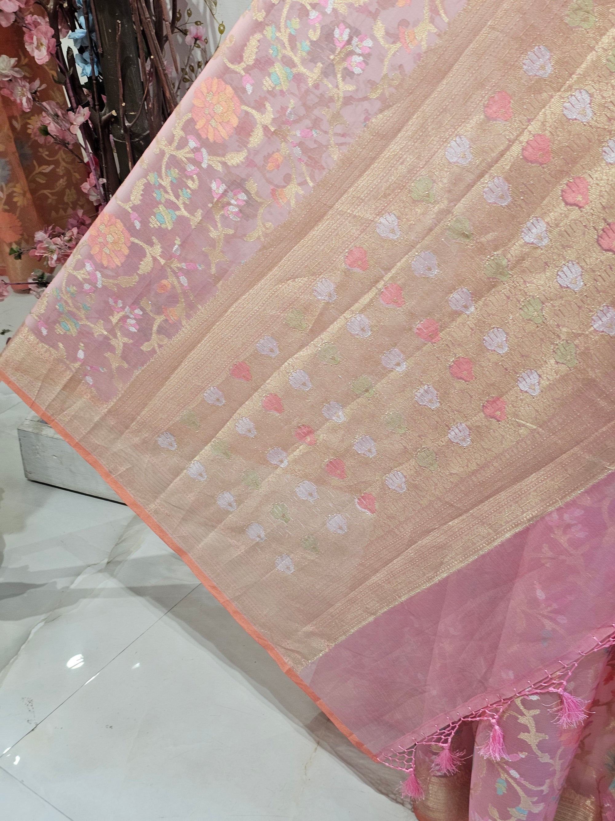 Banarasi Tissue Organza Saree Floral Resham & Zari Jaal with Meenakari Detailing